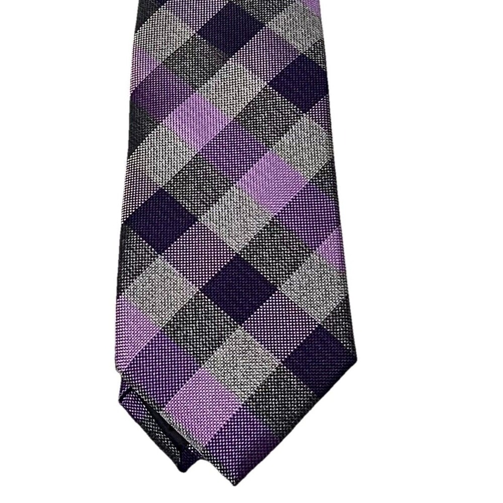 Croft & Barrow Purple Black Gray Stripe Plaid Mens Neck Tie Pointed New 3” Wide
